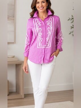 Bob Mackie Pink and White Patterned Button-Down Shirt Size Large